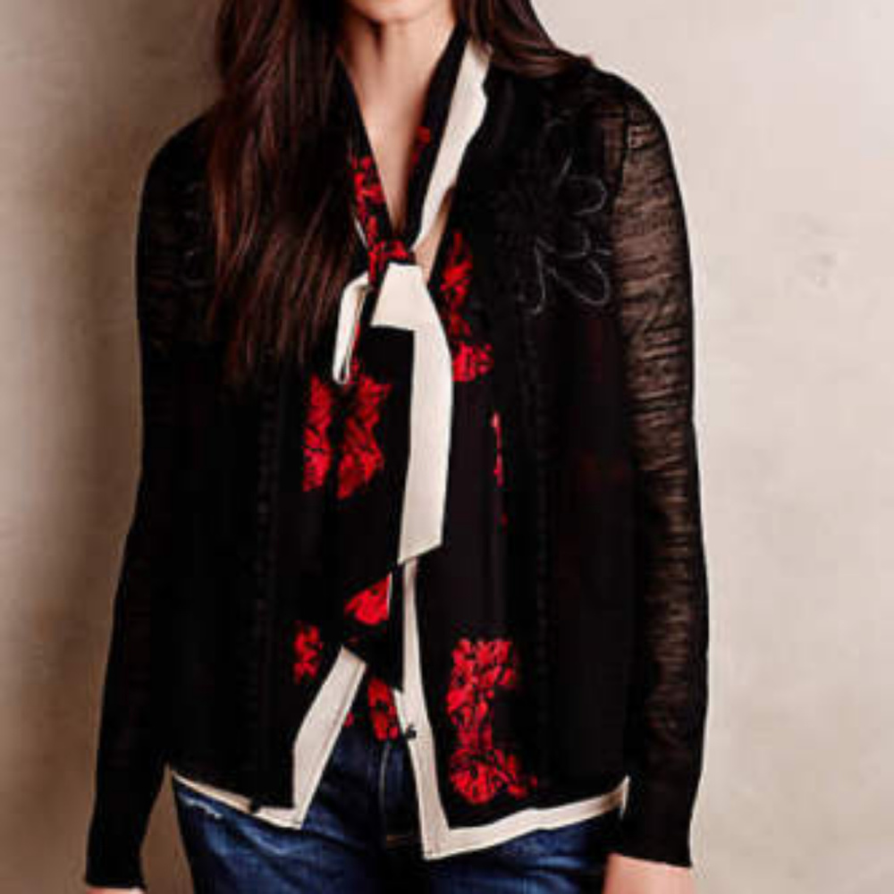 ANTHROPOLOGIE Knitted & Knotted BLACK Pom-Pom Lace Cardigan - Picture 3 of 8